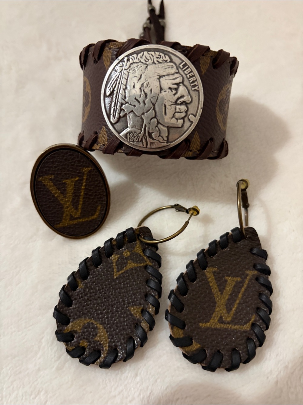 BEAST FASHION, 3 Piece Bundle Brown and Gold Leather Earrings & Cuff Set NEW